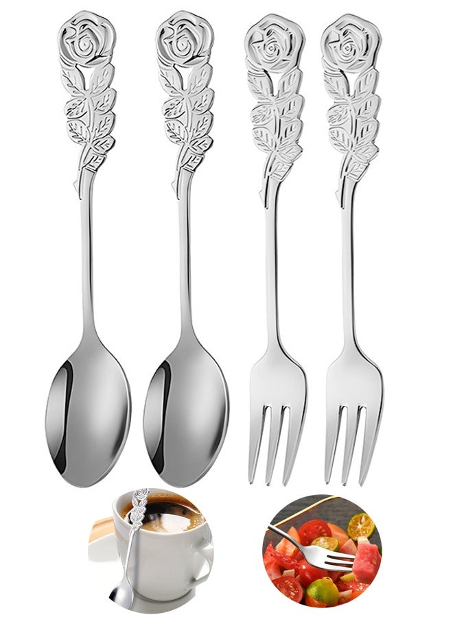 4 Pcs Rose Handle Spoon Fork Set 5.1inch Stainless Steel Flatware for Coffee Tea Dessert Ice Cream Appetizer Fruit - Image 1