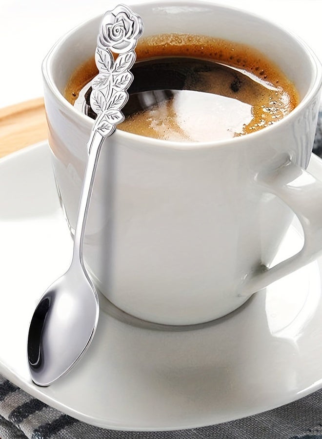 4 Pcs Rose Handle Spoon Fork Set 5.1inch Stainless Steel Flatware for Coffee Tea Dessert Ice Cream Appetizer Fruit - Image 5