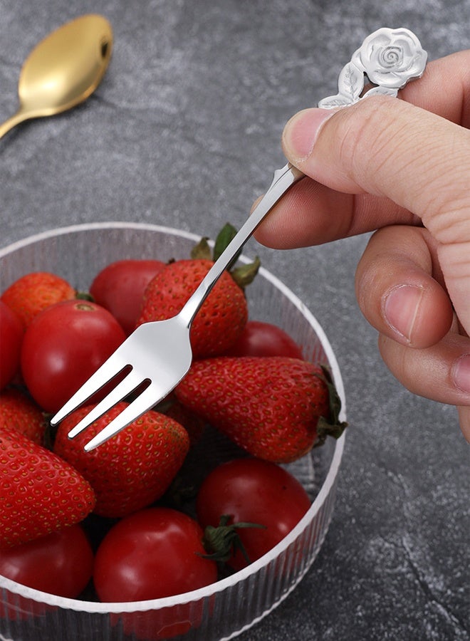 4 Pcs Rose Handle Spoon Fork Set 5.1inch Stainless Steel Flatware for Coffee Tea Dessert Ice Cream Appetizer Fruit - Image 4
