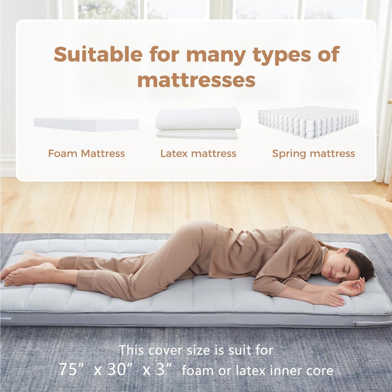 Jamdok 3Inch Narrow Twin Mattress Topper Cover(Only Cover),Cot Mattress Protector Bedding,Foam and Latex Mattress Cover with Zipper,Pillow Top and Bottom(75 x 30â€) Gray - Image 3