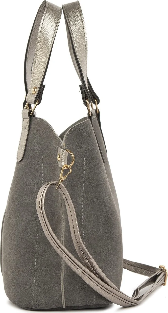 Bagmori Gray Three-Compartment Nubuck Bag with Snap Detail
