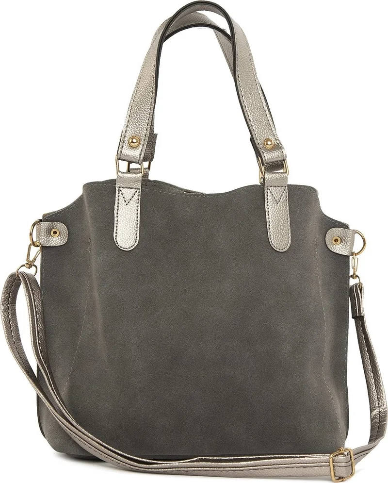 Bagmori Gray Three-Compartment Nubuck Bag with Snap Detail