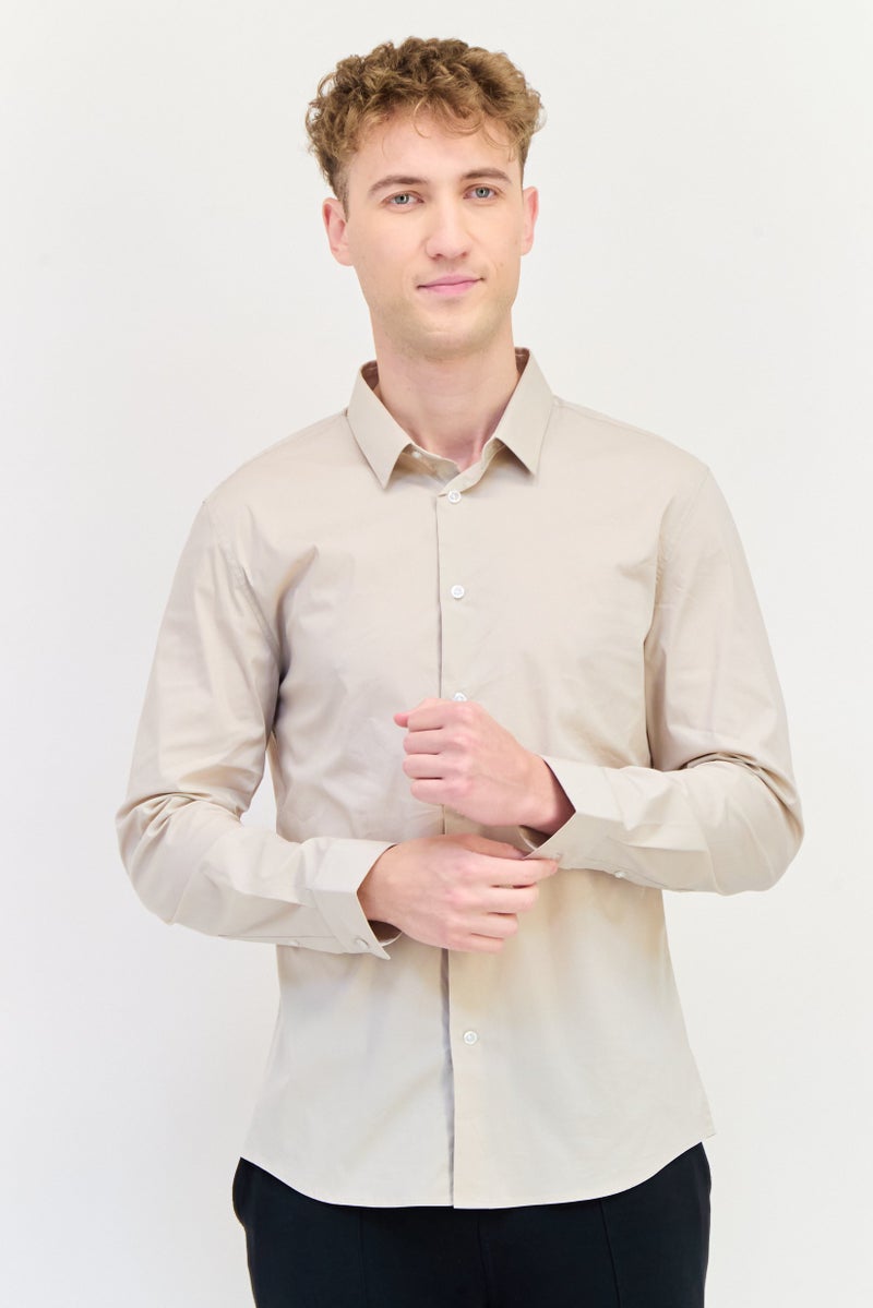 Celio Men Slim Fit Solid Long Sleeve Casual Shirt, Beige - Image 1