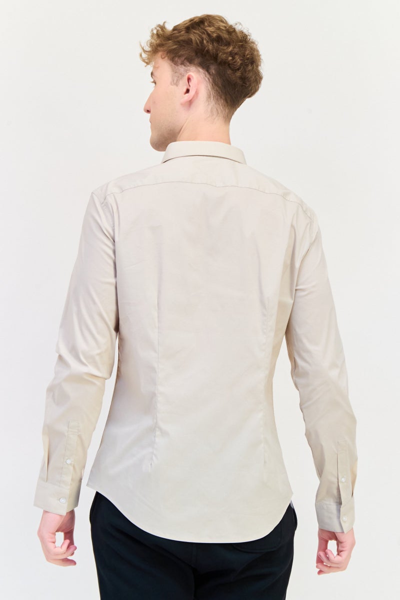 Celio Men Slim Fit Solid Long Sleeve Casual Shirt, Beige - Image 3