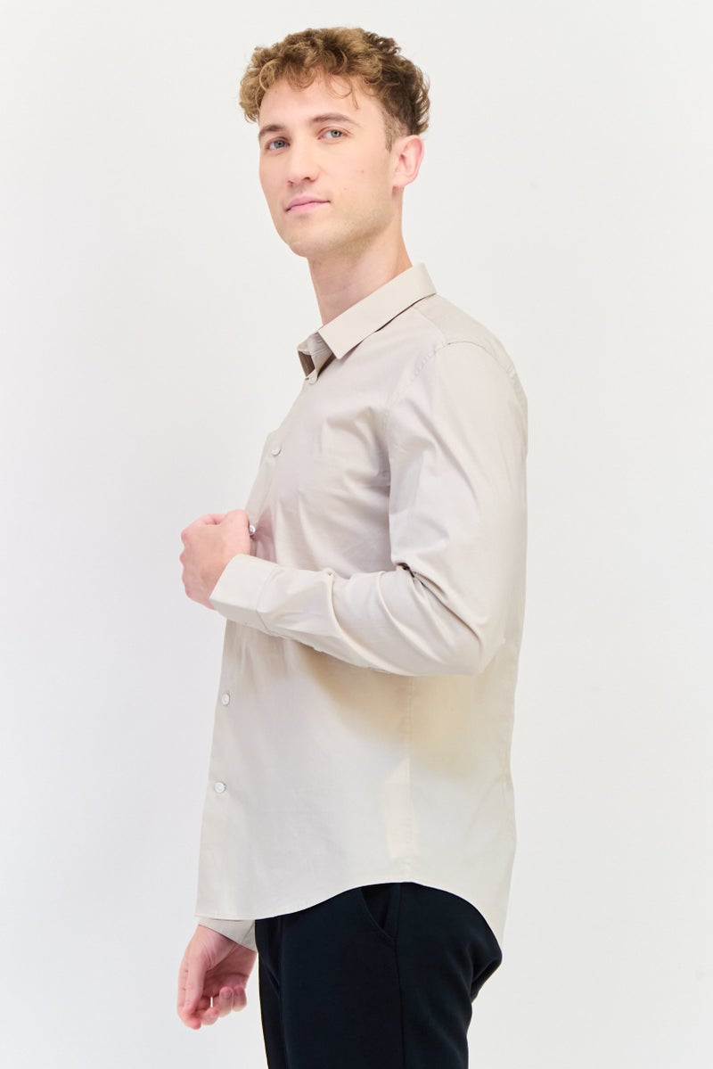 Celio Men Slim Fit Solid Long Sleeve Casual Shirt, Beige - Image 4