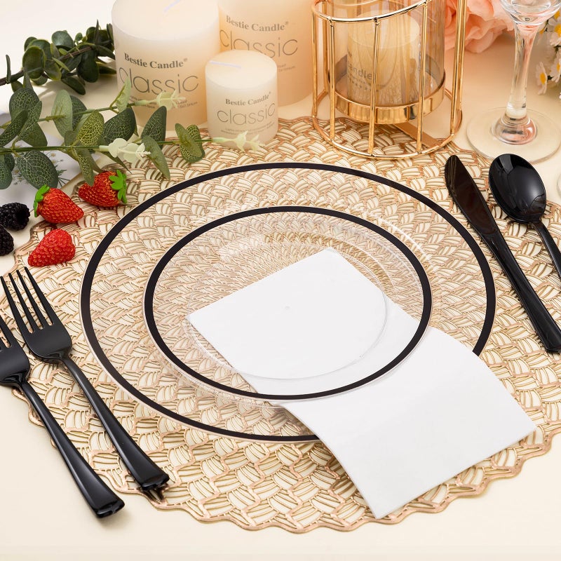 BESTSTAR 200PCS Black and Clear Plastic Plate, Black Disposable Plate Set with 100 Dinner Halloween Plates and 100 Dessert Plates for Party - Image 4