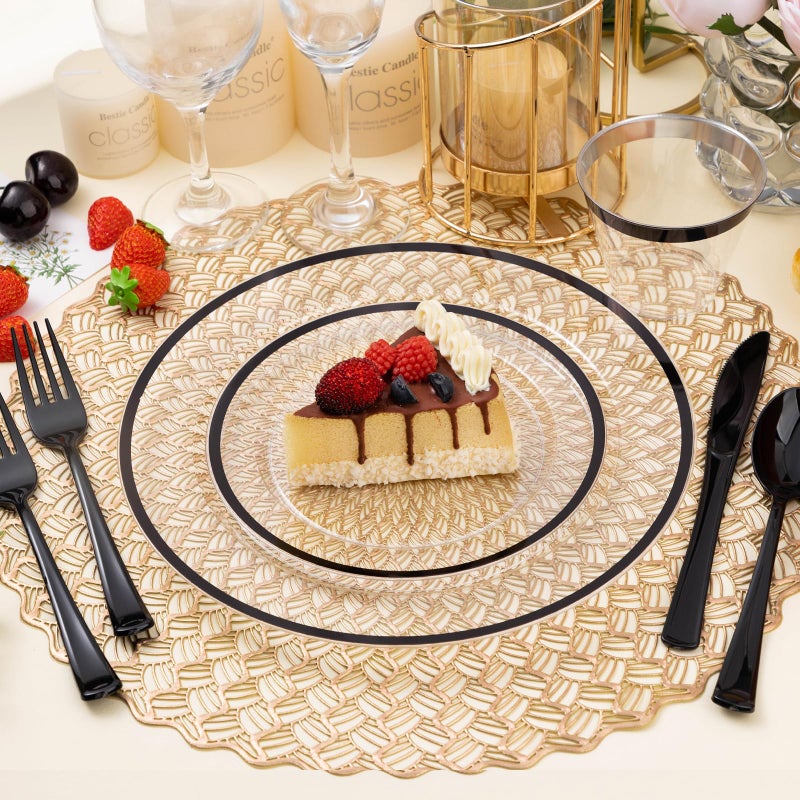 BESTSTAR 200PCS Black and Clear Plastic Plate, Black Disposable Plate Set with 100 Dinner Halloween Plates and 100 Dessert Plates for Party - Image 5