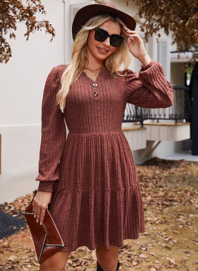 UEAL Womens Puff Long Sleeve Fall Dresses 2025 Winter Button Down Knit Sweater Dress with Pockets, Burgundy, M - Image 3