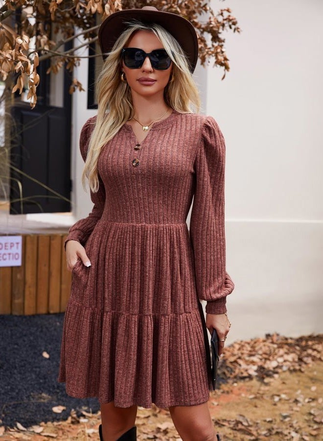 UEAL Womens Puff Long Sleeve Fall Dresses 2025 Winter Button Down Knit Sweater Dress with Pockets, Burgundy, M - Image 2