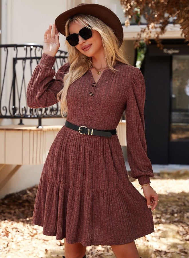 UEAL Womens Puff Long Sleeve Fall Dresses 2025 Winter Button Down Knit Sweater Dress with Pockets, Burgundy, M - Image 4
