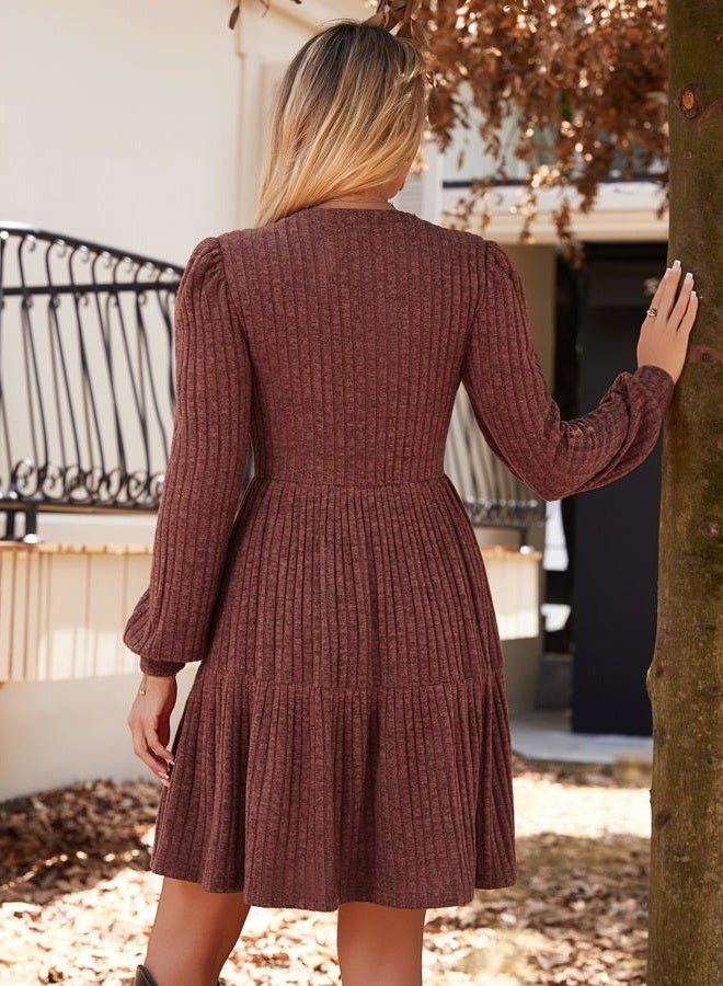 UEAL Womens Puff Long Sleeve Fall Dresses 2025 Winter Button Down Knit Sweater Dress with Pockets, Burgundy, M - Image 5