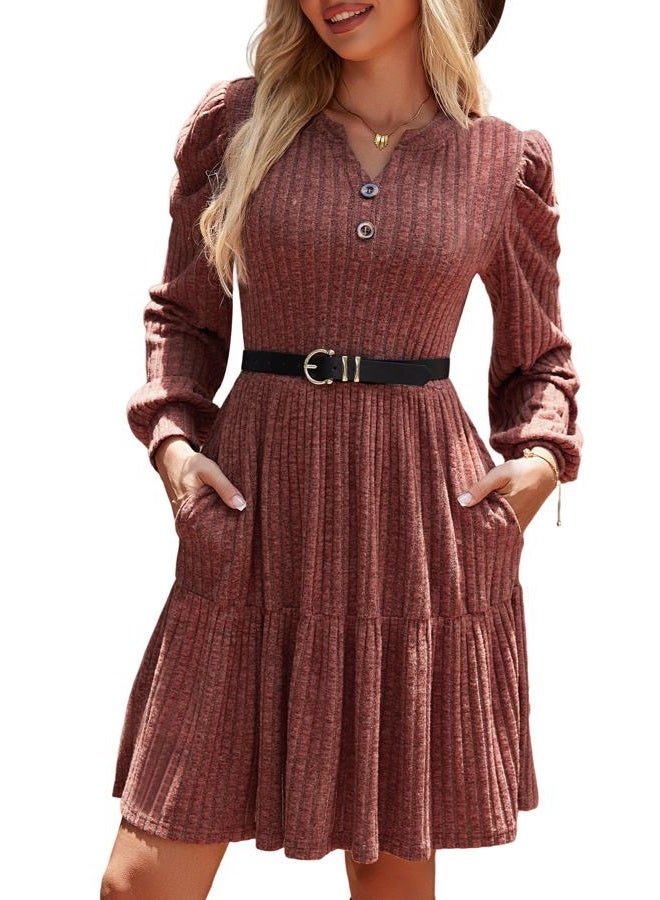 UEAL Womens Puff Long Sleeve Fall Dresses 2025 Winter Button Down Knit Sweater Dress with Pockets, Burgundy, M - Image 1