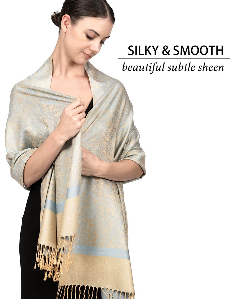 Achillea Women's Two Tone Vintage Jacquard Paisley Pashmina Shawl Wrap Scarf (Light Blue Tan) - Image 2