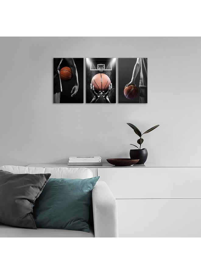 KAWAHONE -3 Pieces Basketball Art Prints Black and White Wall Art Antique Basketball and Low Angle View Basketball Hoop Sport Canvas Art for Bedroom Gym Room Decoration Boys Gift - Image 4