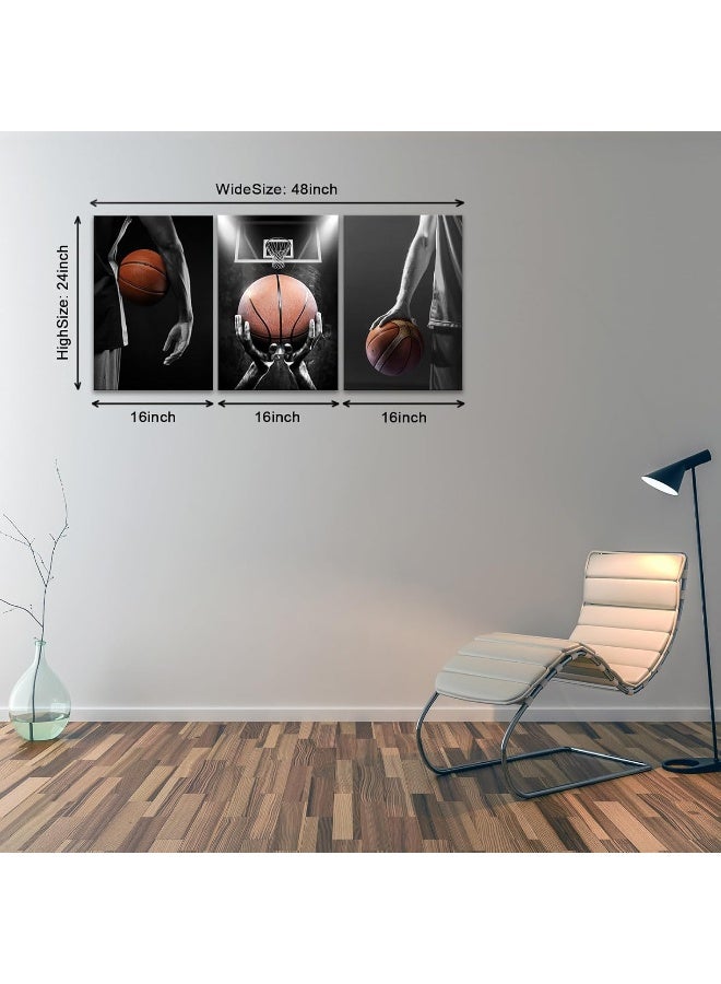 KAWAHONE -3 Pieces Basketball Art Prints Black and White Wall Art Antique Basketball and Low Angle View Basketball Hoop Sport Canvas Art for Bedroom Gym Room Decoration Boys Gift - Image 3