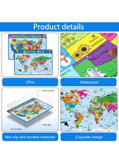Patelai Patelai 2 Pcs Educational Placemats Learning Kids World Map United States Map Placemats Washable Kids Placemats Reusable Non Slip Placemats for Nursery Homeschool Kindergarten Classroom Supplies  - Image 2