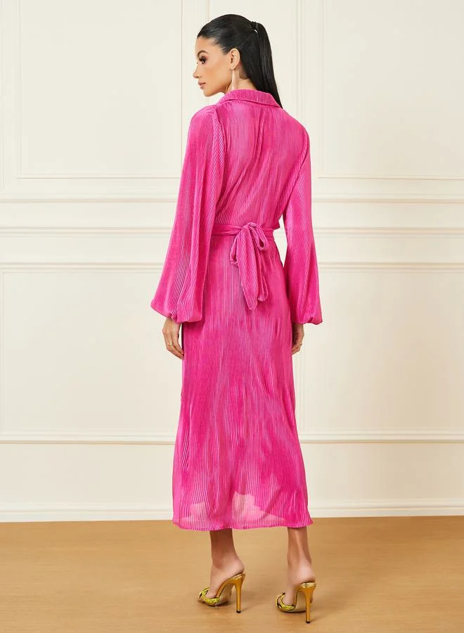 Styli Plisse Button Closure Collared A-Line Midi Dress