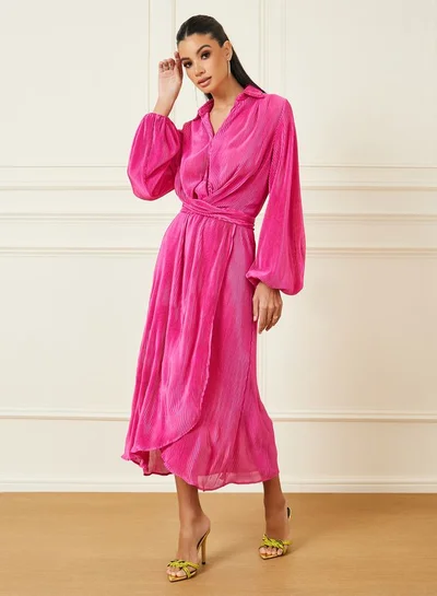 Styli Plisse Button Closure Collared A-Line Midi Dress