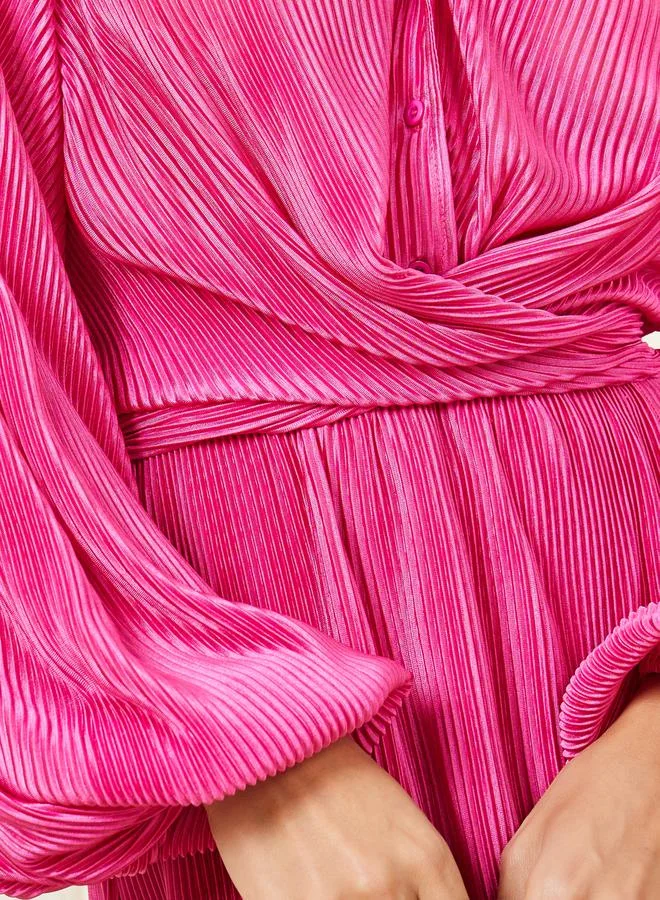 Styli Plisse Button Closure Collared A-Line Midi Dress