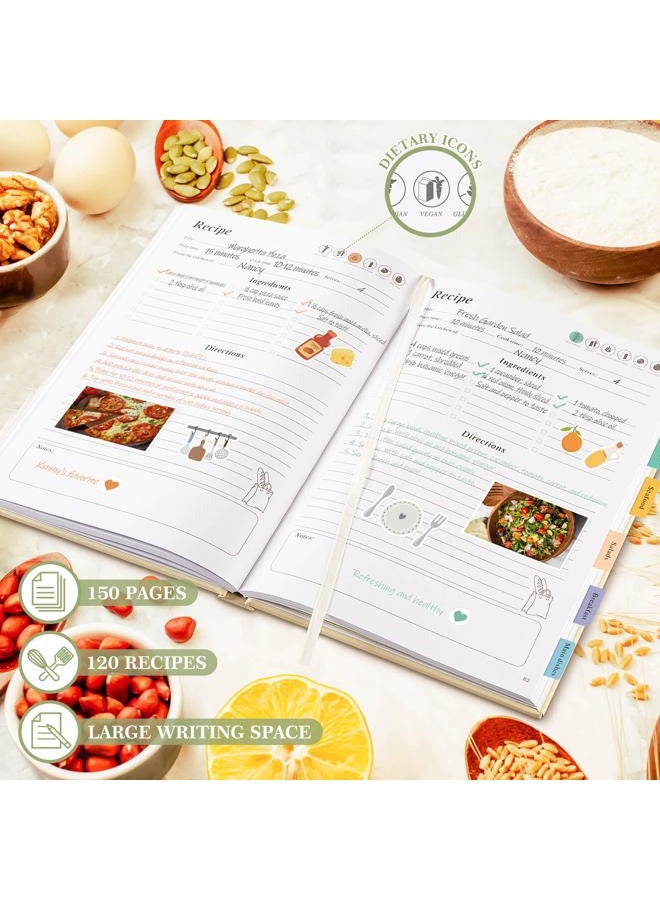 Lanpn Blank Recipe Book Cookbook to Write in Your Own Recipes, Waterproof B5 Empty Cooking Journal for 120 Recipes, Leather Cover Recipe Notebook with Stickers to Organize Your Family Recipes, Green - Image 3