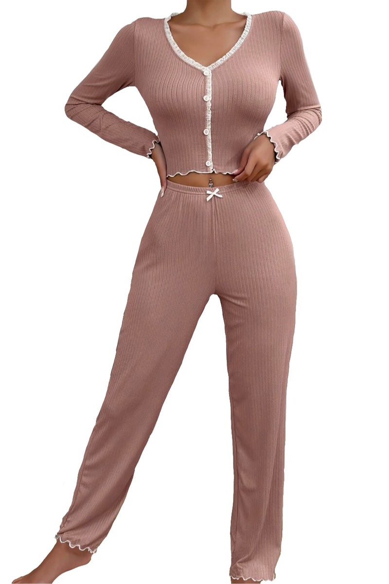 SOLOBUY Outlet Pyjama Sets Women Solid Pattern Crop Tops V Neck Long Sleeve Shirts Ruffles Pants, Color Rose Brown - Image 1