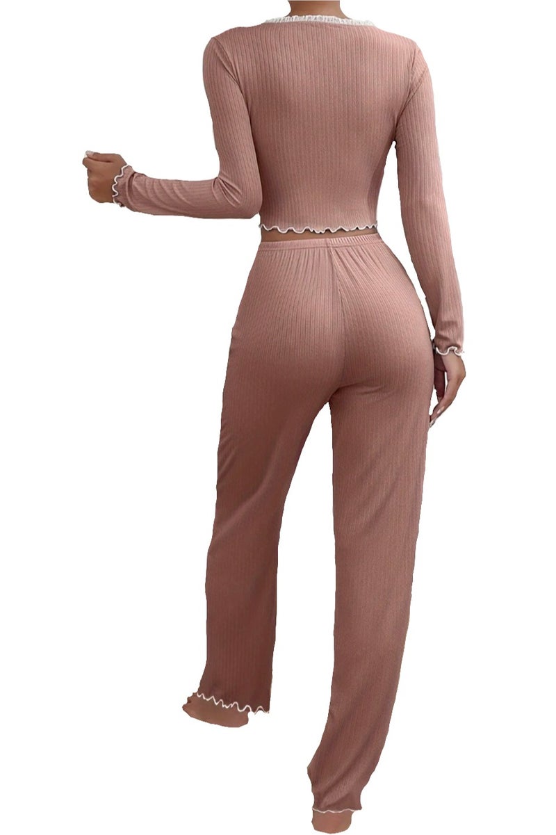 SOLOBUY Outlet Pyjama Sets Women Solid Pattern Crop Tops V Neck Long Sleeve Shirts Ruffles Pants, Color Rose Brown - Image 2