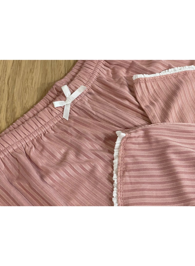 SOLOBUY Outlet Pyjama Sets Women Solid Pattern Crop Tops V Neck Long Sleeve Shirts Ruffles Pants, Color Rose Brown - Image 3