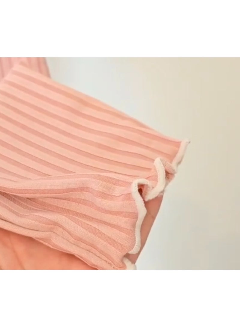 SOLOBUY Outlet Pyjama Sets Women Solid Pattern Crop Tops V Neck Long Sleeve Shirts Ruffles Pants, Color Rose Brown - Image 4