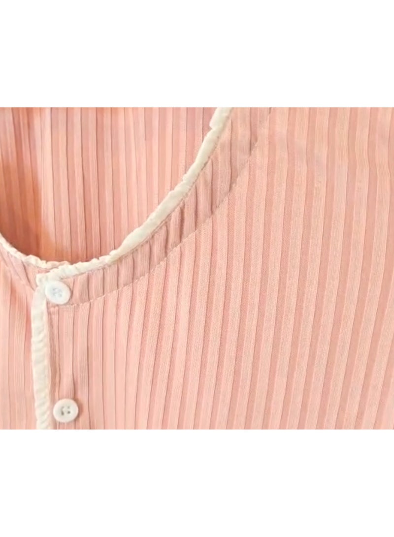 SOLOBUY Outlet Pyjama Sets Women Solid Pattern Crop Tops V Neck Long Sleeve Shirts Ruffles Pants, Color Rose Brown - Image 5