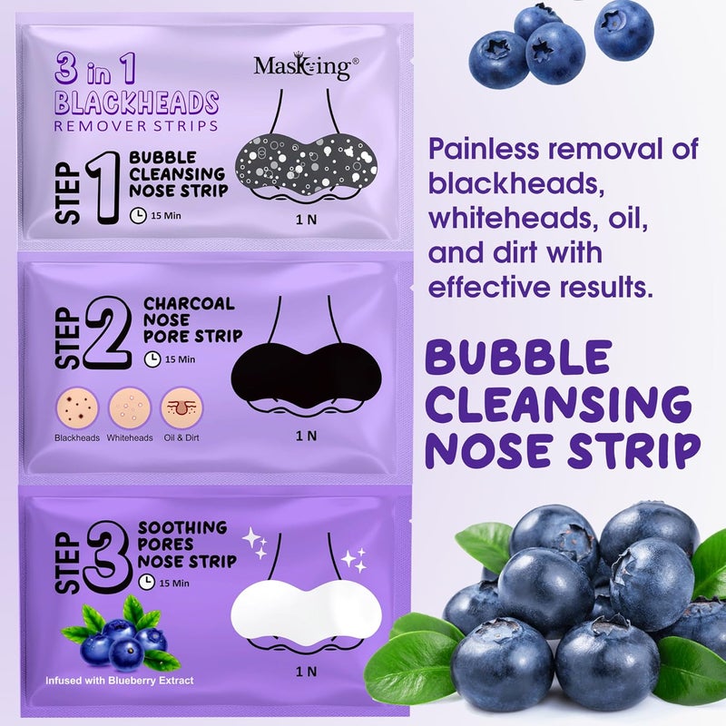 MasKing 3in1 Blackheads Remover Nose Strips Charcoal Pore Strip Bubble Cleansing Strip Soothing Blueberry Pores Strip combo pack of 3 - Image 3