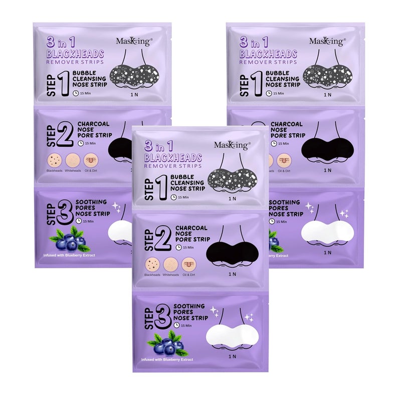 MasKing 3in1 Blackheads Remover Nose Strips Charcoal Pore Strip Bubble Cleansing Strip Soothing Blueberry Pores Strip combo pack of 3 - Image 1