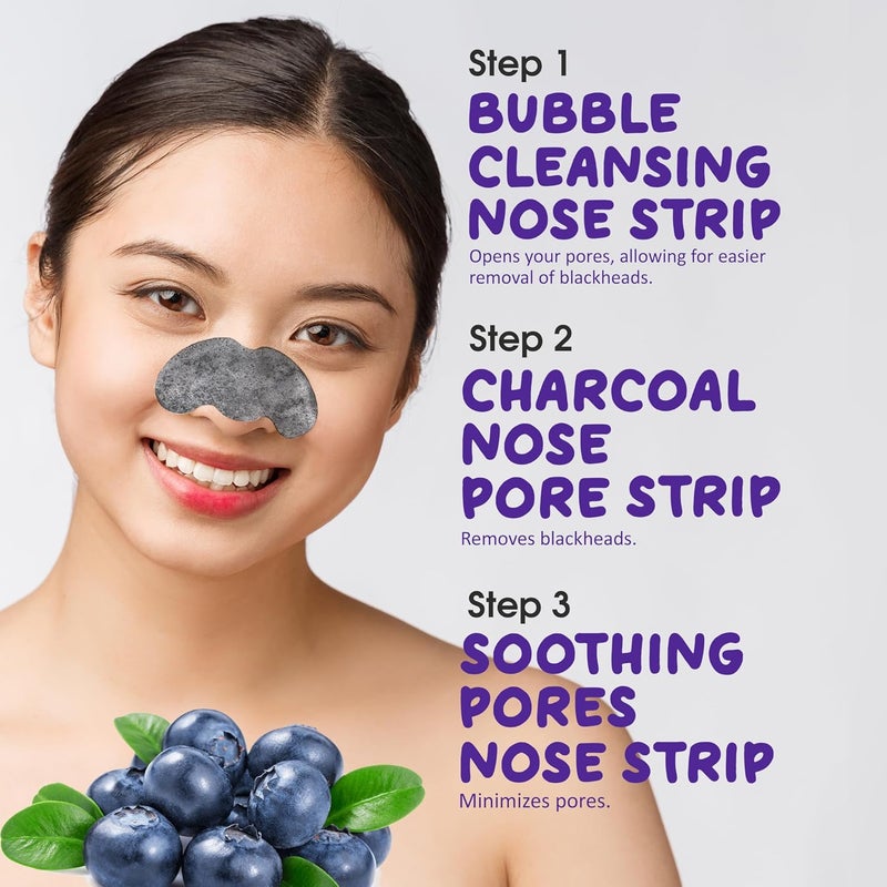 MasKing 3in1 Blackheads Remover Nose Strips Charcoal Pore Strip Bubble Cleansing Strip Soothing Blueberry Pores Strip combo pack of 3 - Image 5