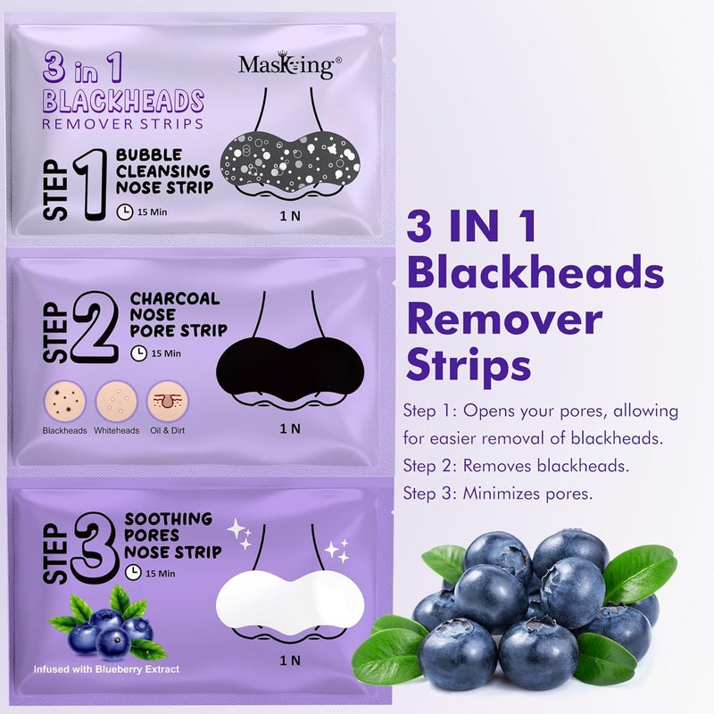 MasKing 3in1 Blackheads Remover Nose Strips Charcoal Pore Strip Bubble Cleansing Strip Soothing Blueberry Pores Strip combo pack of 3 - Image 2