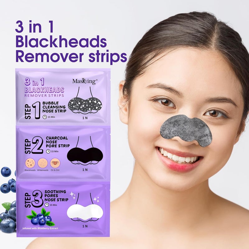 MasKing 3in1 Blackheads Remover Nose Strips Charcoal Pore Strip Bubble Cleansing Strip Soothing Blueberry Pores Strip combo pack of 3 - Image 4