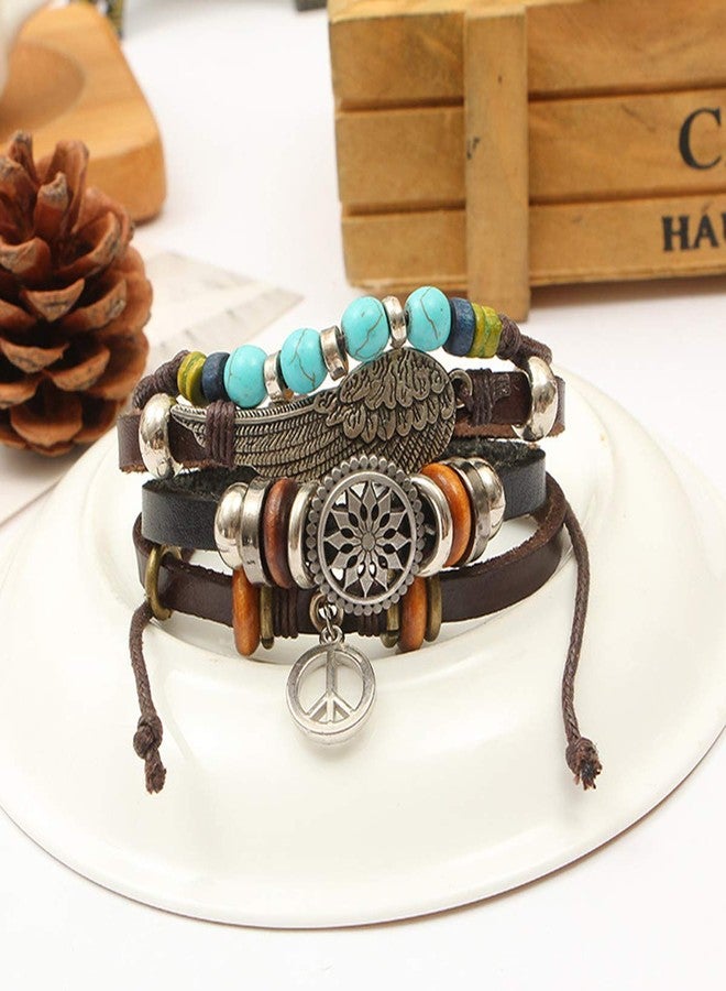 ZIVOM® Peace Beads Black Leather Charm Wrist Band Multi Strand Bracelet - Image 2