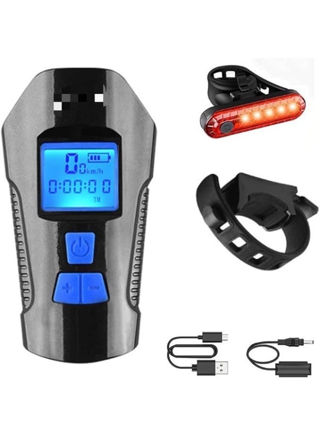 مصباح دراجة بزمارة وعداد سرعة من بيكول، مصباح ليد أمامي ولمبة فانوس خلفي قابل لإعادة الشحن بمنفذ USB، مقاوم للماء بدرجة IPX5 مع 4 أوضاع إضاءة فائقة السطوع، يناسب جميع الدراجات الجبلية ودراجات الطرق - Image 1