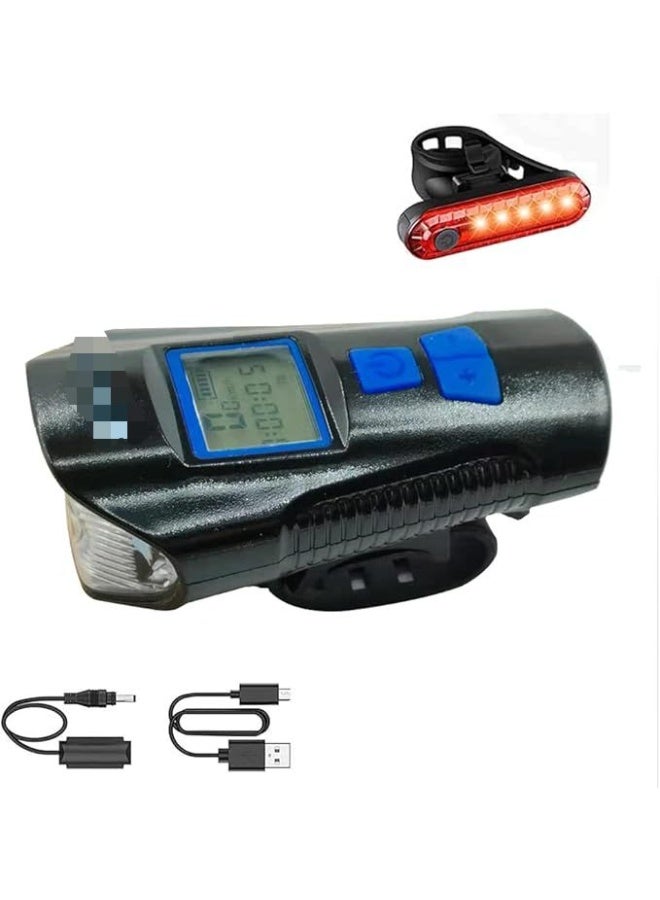مصباح دراجة بزمارة وعداد سرعة من بيكول، مصباح ليد أمامي ولمبة فانوس خلفي قابل لإعادة الشحن بمنفذ USB، مقاوم للماء بدرجة IPX5 مع 4 أوضاع إضاءة فائقة السطوع، يناسب جميع الدراجات الجبلية ودراجات الطرق - Image 2