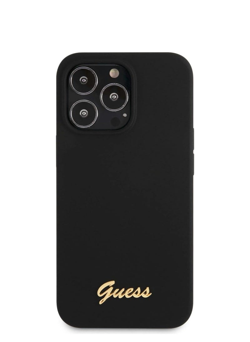 GUESS Guess Liquid Silicone Case With Gold Metal Logo Script For Iphone 13 Pro (6.1 Inches) - Black - Image 1