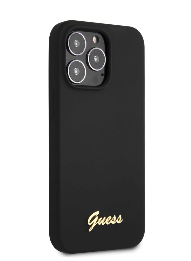 GUESS Guess Liquid Silicone Case With Gold Metal Logo Script For Iphone 13 Pro (6.1 Inches) - Black - Image 3