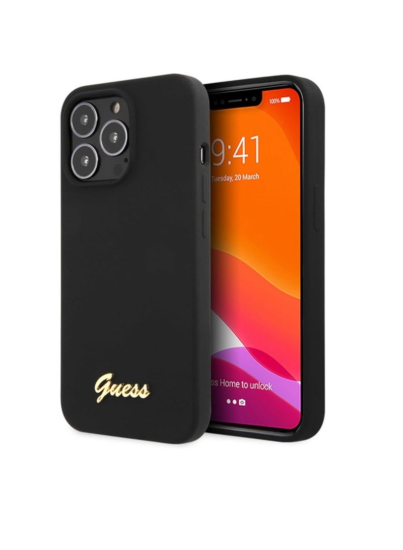 GUESS Guess Liquid Silicone Case With Gold Metal Logo Script For Iphone 13 Pro (6.1 Inches) - Black - Image 4