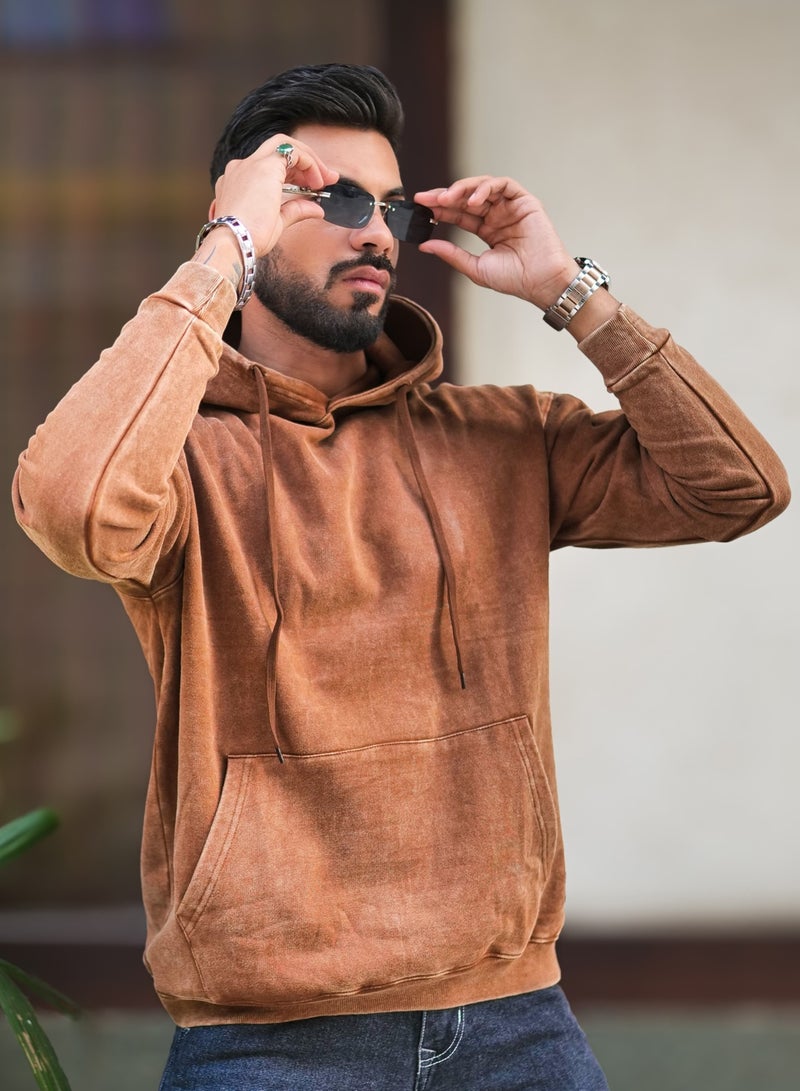 Maniac Mens Solid Acid Wash Hooded Neck Full Sleeve Brown Oversized Sweatshirt - Image 2