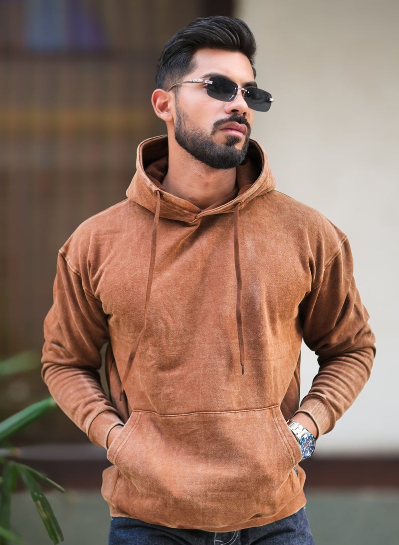 Maniac Mens Solid Acid Wash Hooded Neck Full Sleeve Brown Oversized Sweatshirt - Image 1