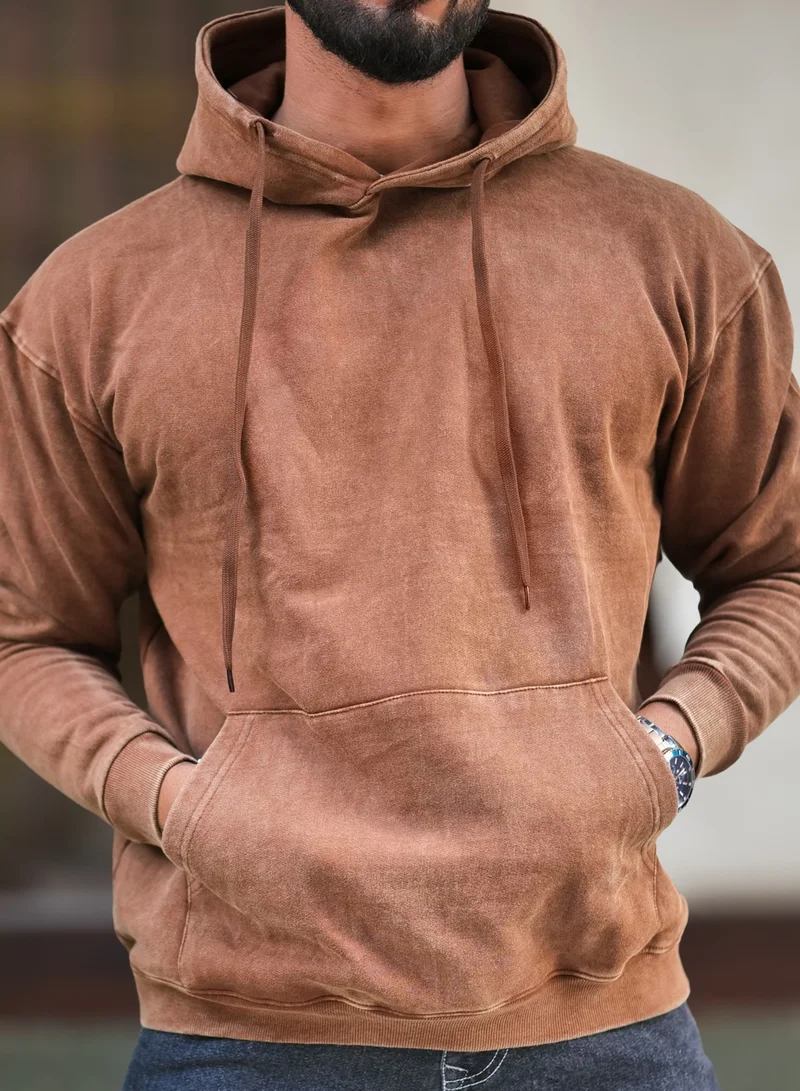 Maniac  Maniac Mens Solid Acid Wash Hooded Neck Full Sleeve Brown Oversized Sweatshirt for Men | Best Price UAE