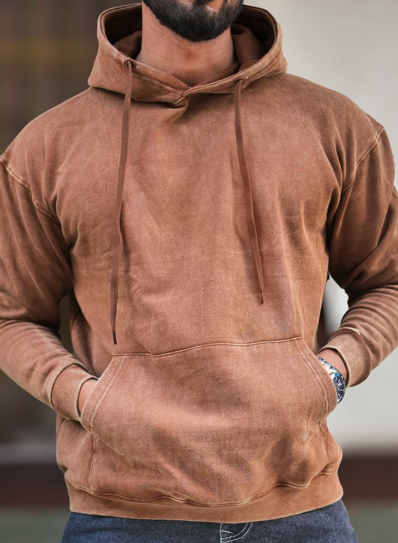 Maniac Mens Solid Acid Wash Hooded Neck Full Sleeve Brown Oversized Sweatshirt - Image 4