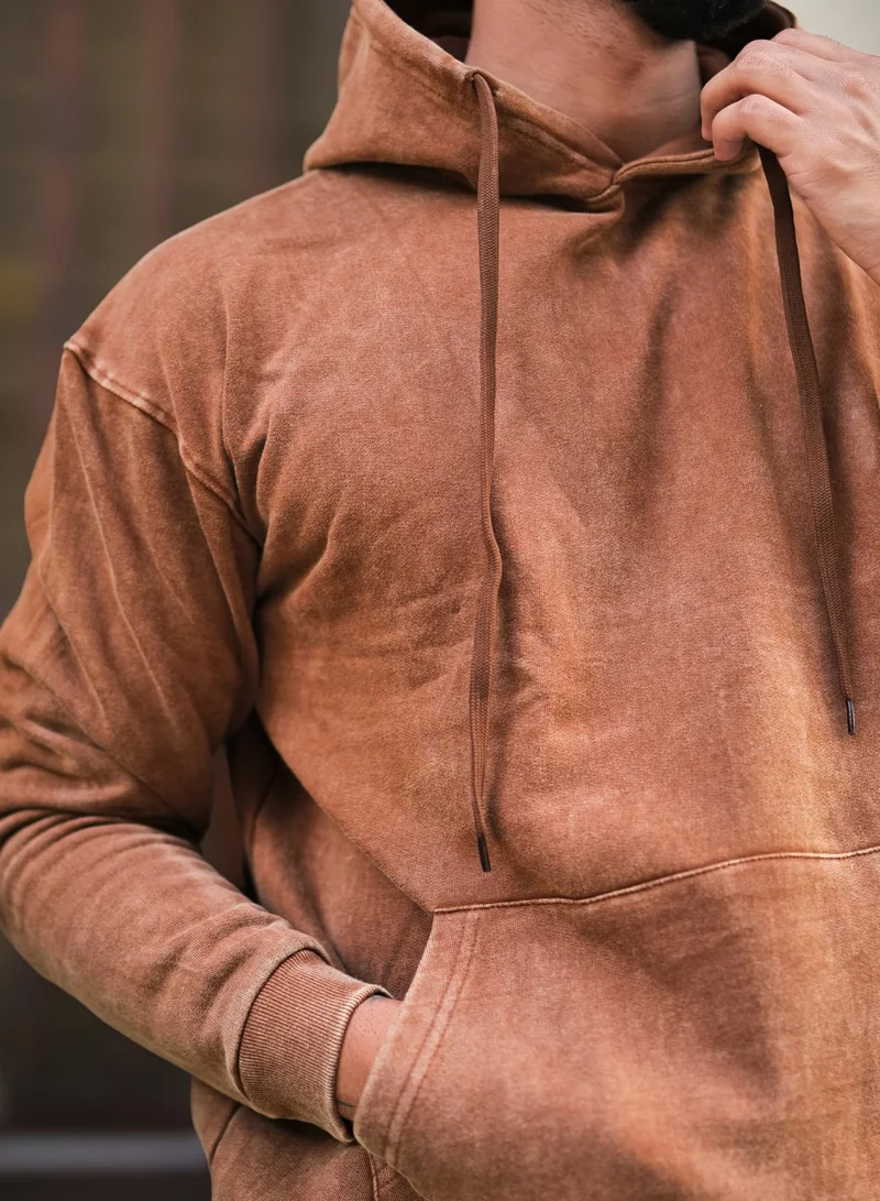 Maniac  Maniac Mens Solid Acid Wash Hooded Neck Full Sleeve Brown Oversized Sweatshirt for Men | Best Price UAE