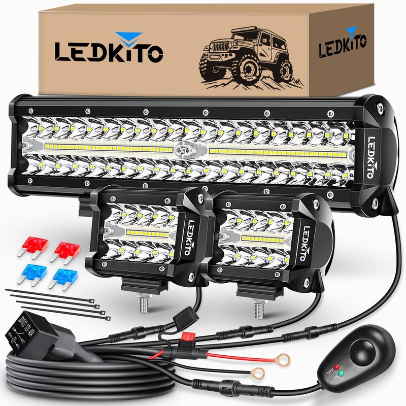 LEDKITO 12 inch LED Light Bar and 2PCS 4 Inch LED Pods with Switch 3 Lead Off Road Wiring Harness Kit Triple Row Spot Flood Combo Light Bar Pods Kit for Off Road UTV ATV Trucks Boat - Image 1