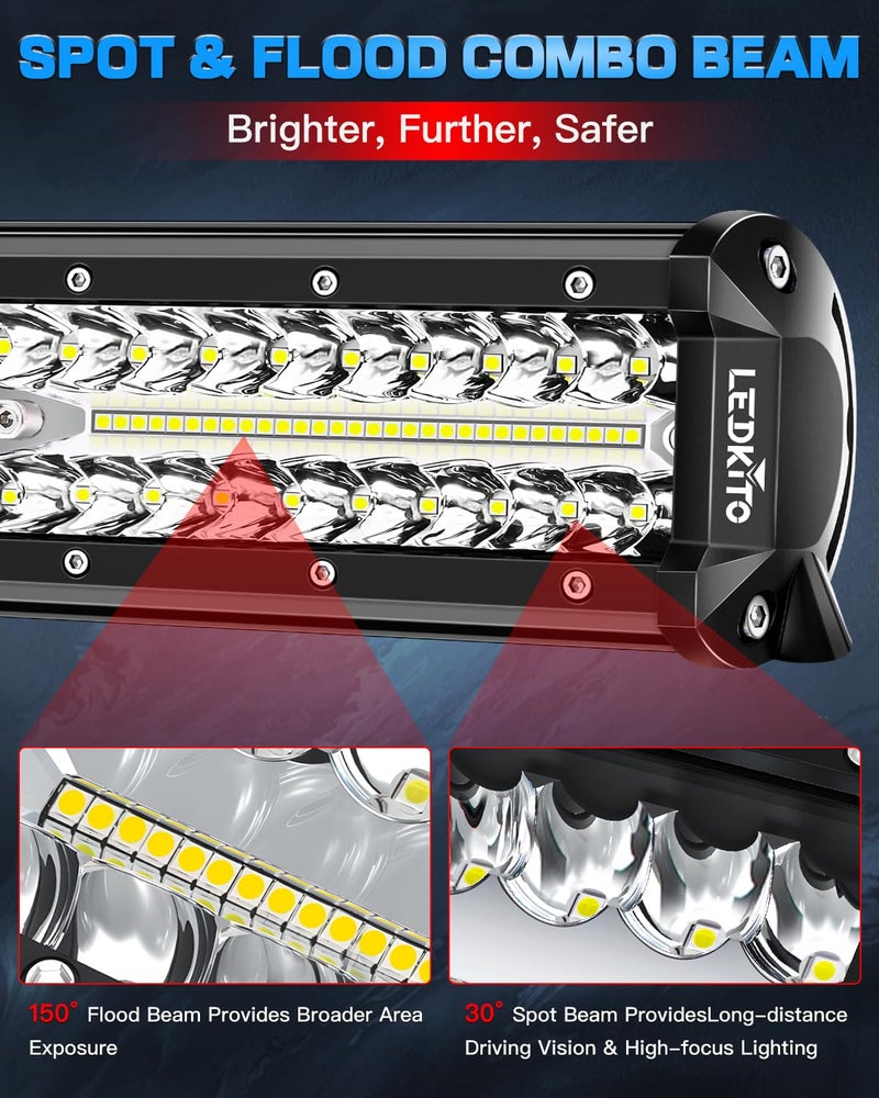 LEDKITO 12 inch LED Light Bar and 2PCS 4 Inch LED Pods with Switch 3 Lead Off Road Wiring Harness Kit Triple Row Spot Flood Combo Light Bar Pods Kit for Off Road UTV ATV Trucks Boat - Image 5