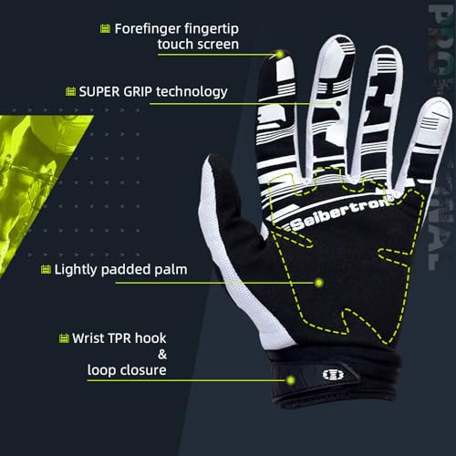 Seibertron Unisex BMX MX ATV MTB Racing Gloves - Full Finger Glove for Motocross and Mountain Biking with Touchscreen White L - Image 4