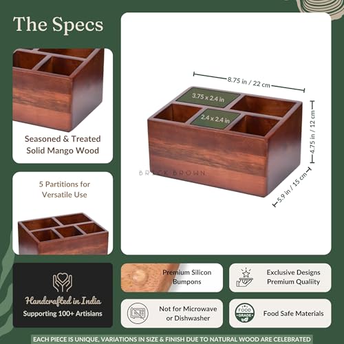 Brick Brown ® Premium Handcrafted Wooden Spoon stand for kitchen | cutlery holder for dining table | wooden caddy storage organiser stand with 5 section Mahogany Finish(8.75x6x4.5 inch) - Image 5