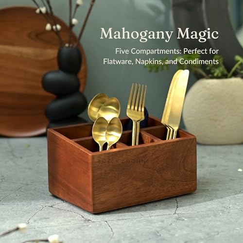 Brick Brown ® Premium Handcrafted Wooden Spoon stand for kitchen | cutlery holder for dining table | wooden caddy storage organiser stand with 5 section Mahogany Finish(8.75x6x4.5 inch) - Image 2